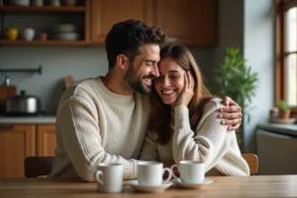 Couple souriant dans une cuisine chaleureuse et accueillante