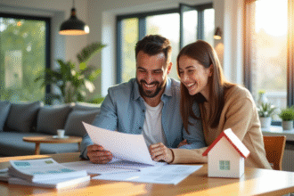 Couple heureux examinant des documents financiers dans un salon moderne