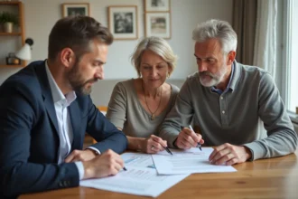 Couple de middleaged discutant avec un notaire dans une maison moderne