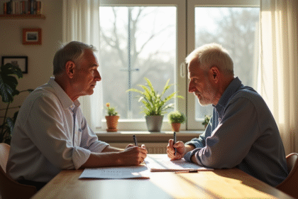 Couple d'âge moyen discutant à une table lumineuse