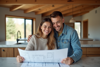Jeune couple souriant planche à dessin dans cuisine moderne