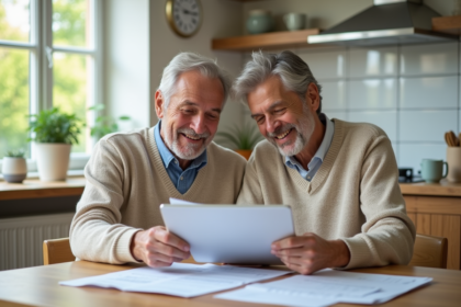 Couple retraité souriant examinant des papiers financiers à la maison