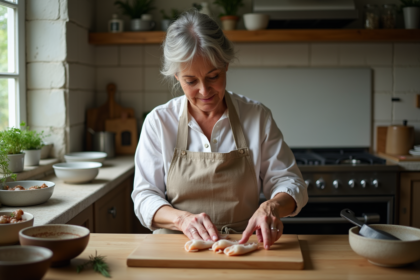 Femme en tablier coupe du calmar frais en cuisine