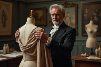 Couturier du XIXe siècle drapant un tissu riche dans son atelier