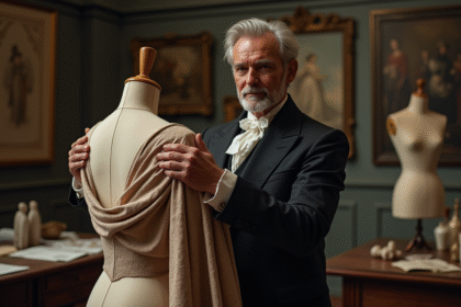 Couturier du XIXe siècle drapant un tissu riche dans son atelier