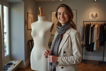Créatrice de mode française dans son atelier parisien
