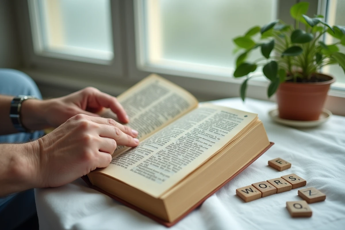Mains d'une personne âgée consultant un dictionnaire Scrabble ouvert sur les mots en W et Z avec des tuiles en bois
