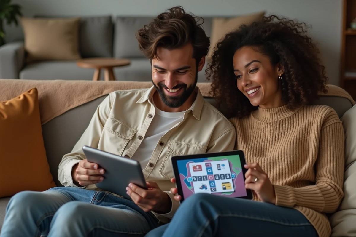 Deux personnes jouant ensemble à 4 images 1 mot et utilisant un solver pour trouver un mot de 7 lettres sur tablette