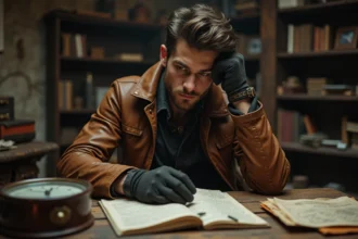 Aventurier étudiant des notes d'expédition et une horloge vintage, évoquant la durée et la progression dans un jeu de rôle