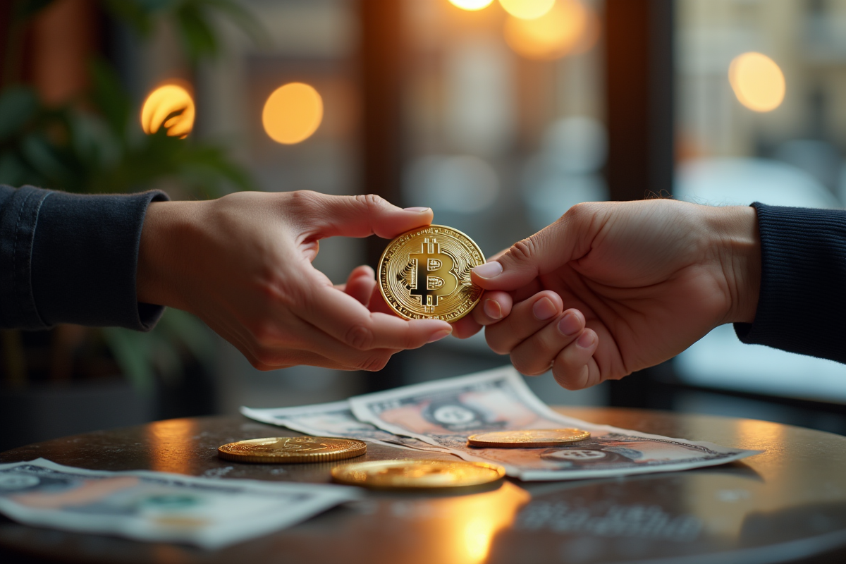 Main échangeant un bitcoin en or contre de l