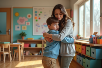Garçon de 5 ans dit au revoir à sa mère dans une classe colorée