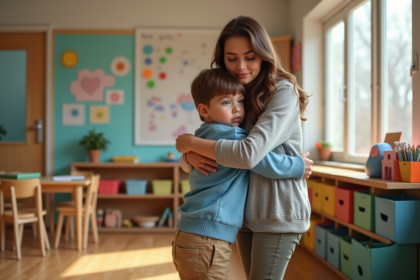 Garçon de 5 ans dit au revoir à sa mère dans une classe colorée