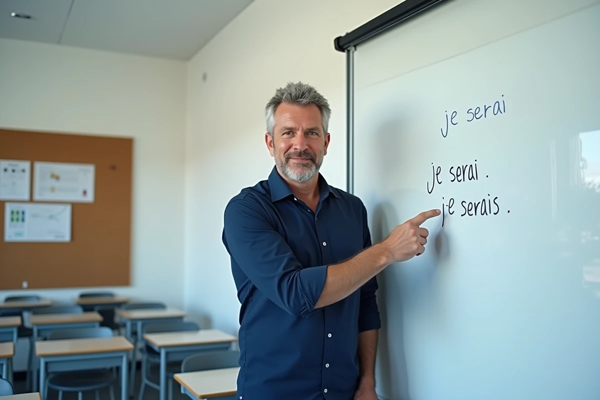 Enseignant expliquant la différence entre je serai et je serais au tableau blanc dans une salle de classe moderne
