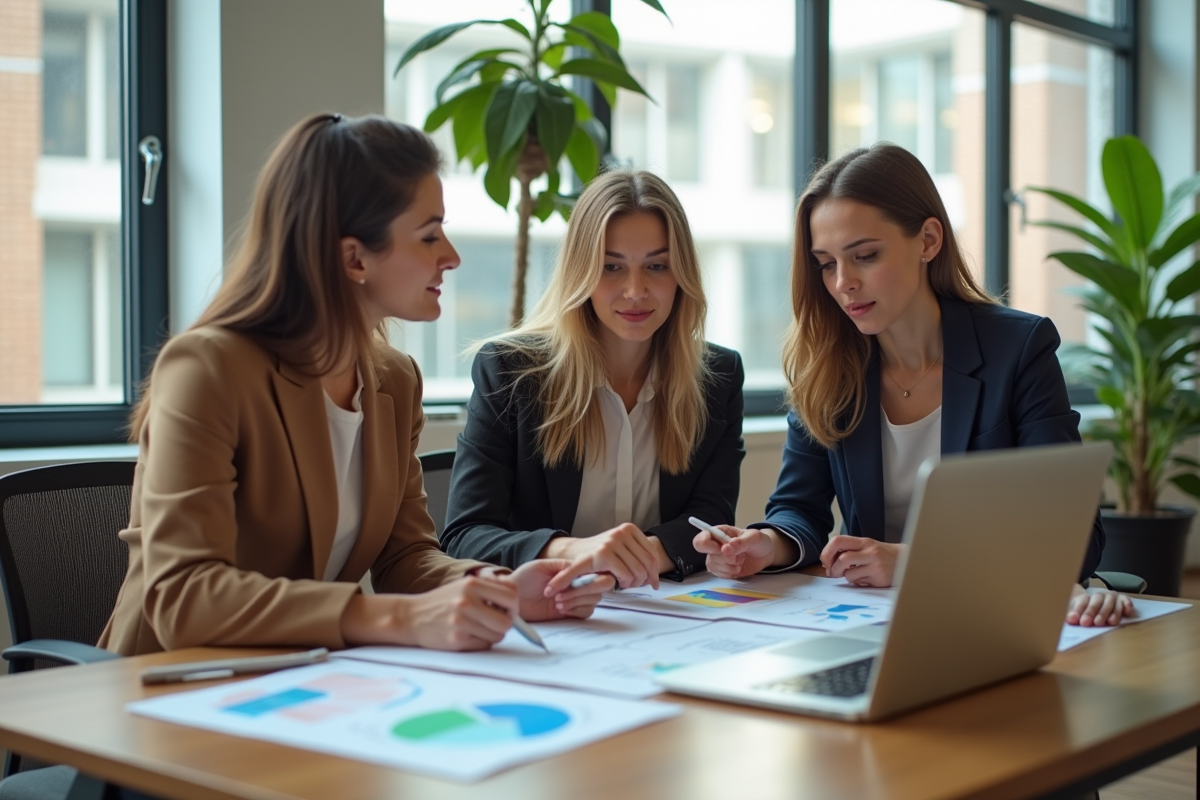 Jeunes professionnels en discussion dans un bureau lumineux