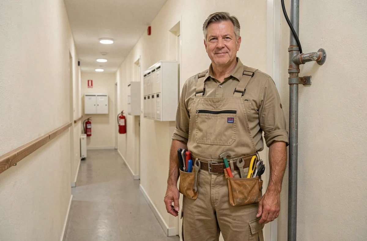 Eric Agent Polyvalent posant dans le couloir d'un immeuble après une réparation de canalisation