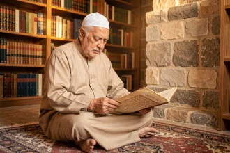 Un érudit musulman âgé consulte un manuscrit arabe ancien dans une bibliothèque de Médine, évoquant l'héritage de Malik ibn Anas