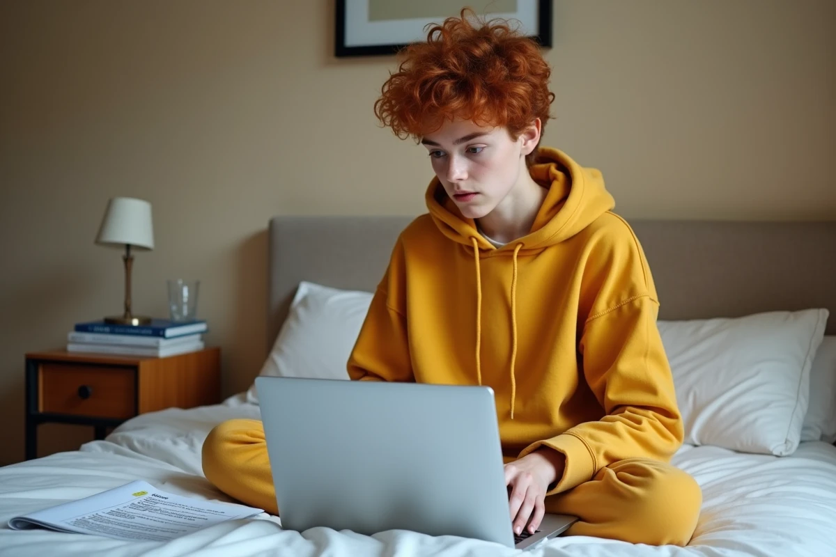 Jeune étudiant apprenant la conjugaison du futur et du conditionnel en français sur ordinateur portable dans sa chambre