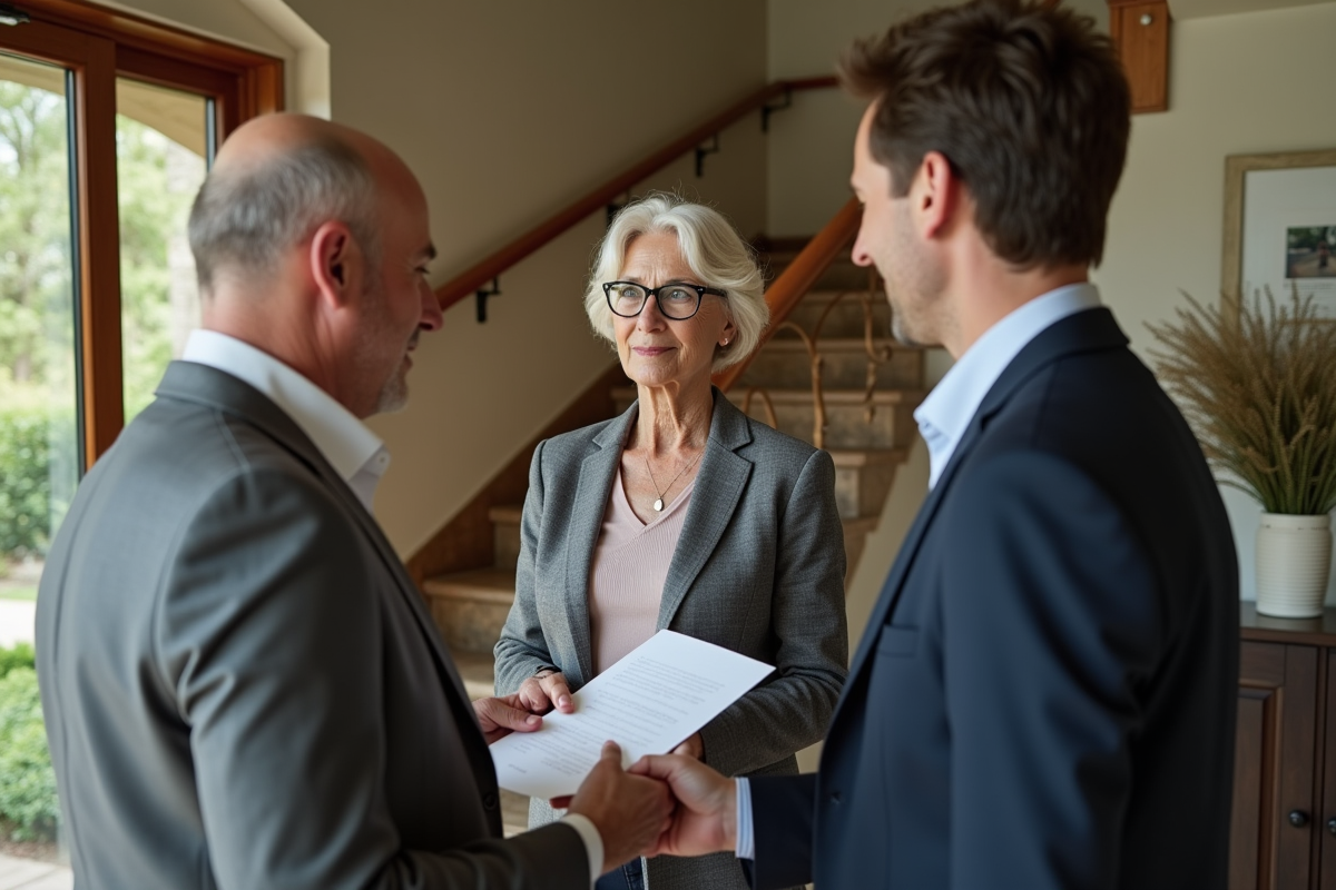 Evaluatrice immobiliere remettant un rapport dans une maison