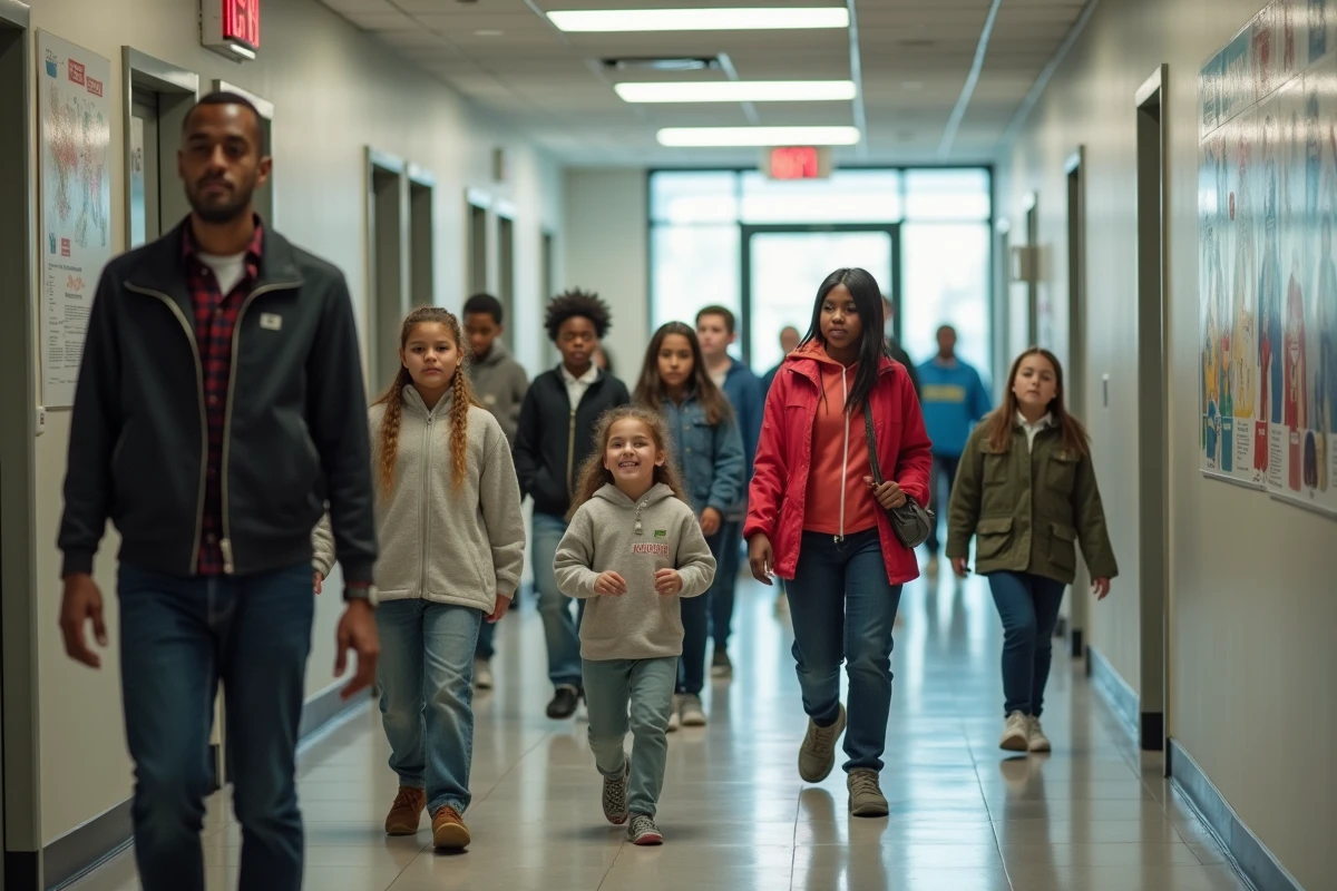 Groupe divers d adultes et enfants en exercice incendie