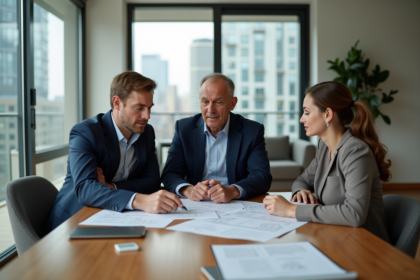 Expert immobilier en discussion avec un couple dans un salon moderne
