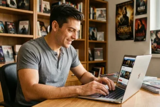 Fan de Twilight consultant le site kellanlutz.fr sur son ordinateur portable dans un bureau décoré de souvenirs du film
