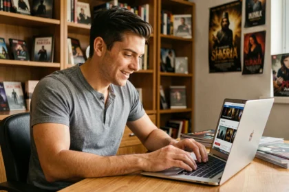 Fan de Twilight consultant le site kellanlutz.fr sur son ordinateur portable dans un bureau décoré de souvenirs du film