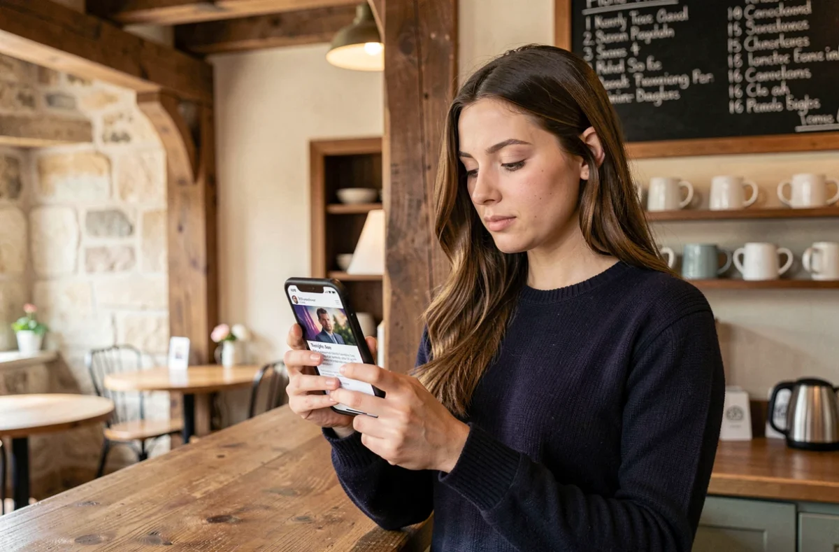 Jeune femme fan de Twilight consultant le site kellanlutz.fr sur son smartphone dans un café chaleureux