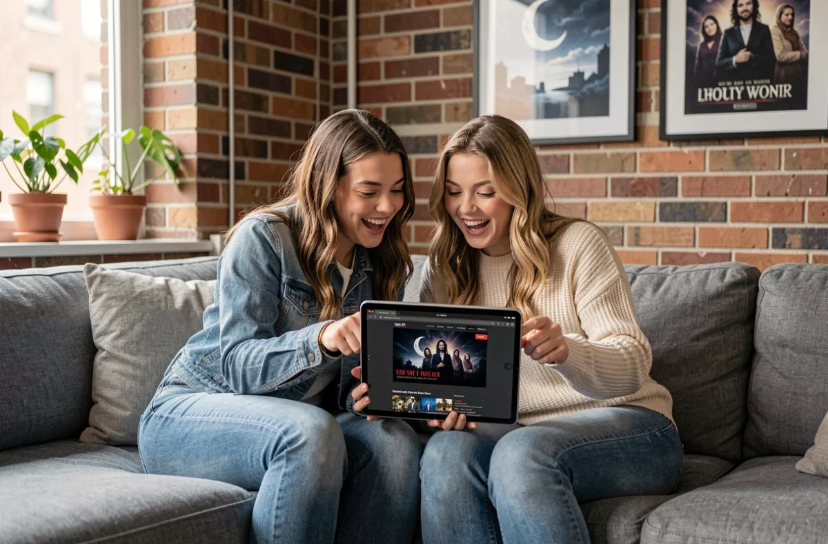 Deux jeunes fans de Twilight partageant du contenu du site kellanlutz.fr sur une tablette dans un appartement moderne