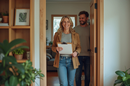 Femme souriante accueillant un couple à la porte de sa maison