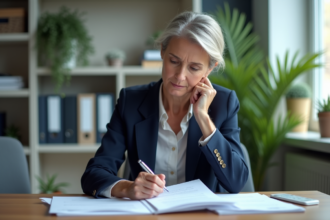 Femme d'affaires en costume examinant des documents