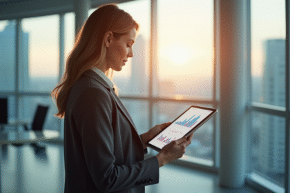 Femme d'affaires réussie analysant des graphiques sur une tablette dans un bureau lumineux