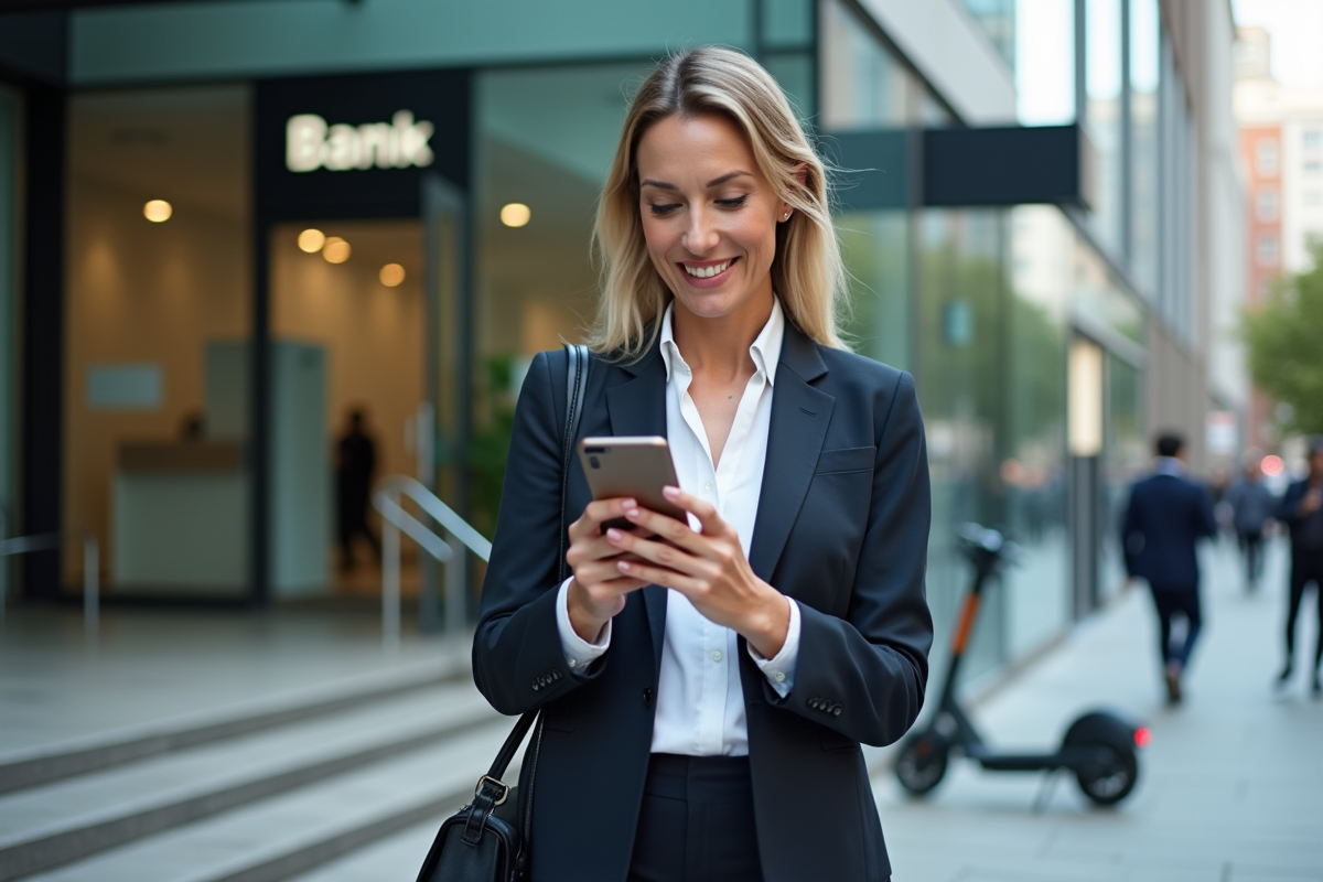 Femme d affaires utilisant une application crypto en extérieur