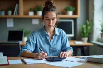 Femme au bureau calculant avec une calculatrice