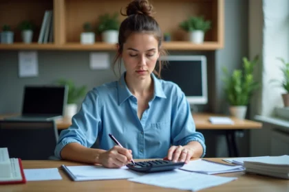 Femme au bureau calculant avec une calculatrice