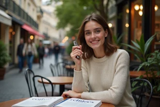 Jeune femme française avec briquet devant un café parisien