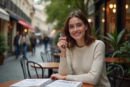 Jeune femme française avec briquet devant un café parisien