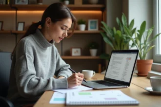 Femme organisant un projet avec une calculatrice de dates sur ordinateur portable et un planning papier sur bureau en bois
