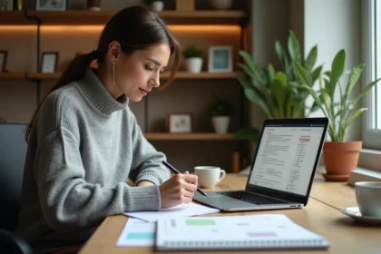 Femme organisant un projet avec une calculatrice de dates sur ordinateur portable et un planning papier sur bureau en bois