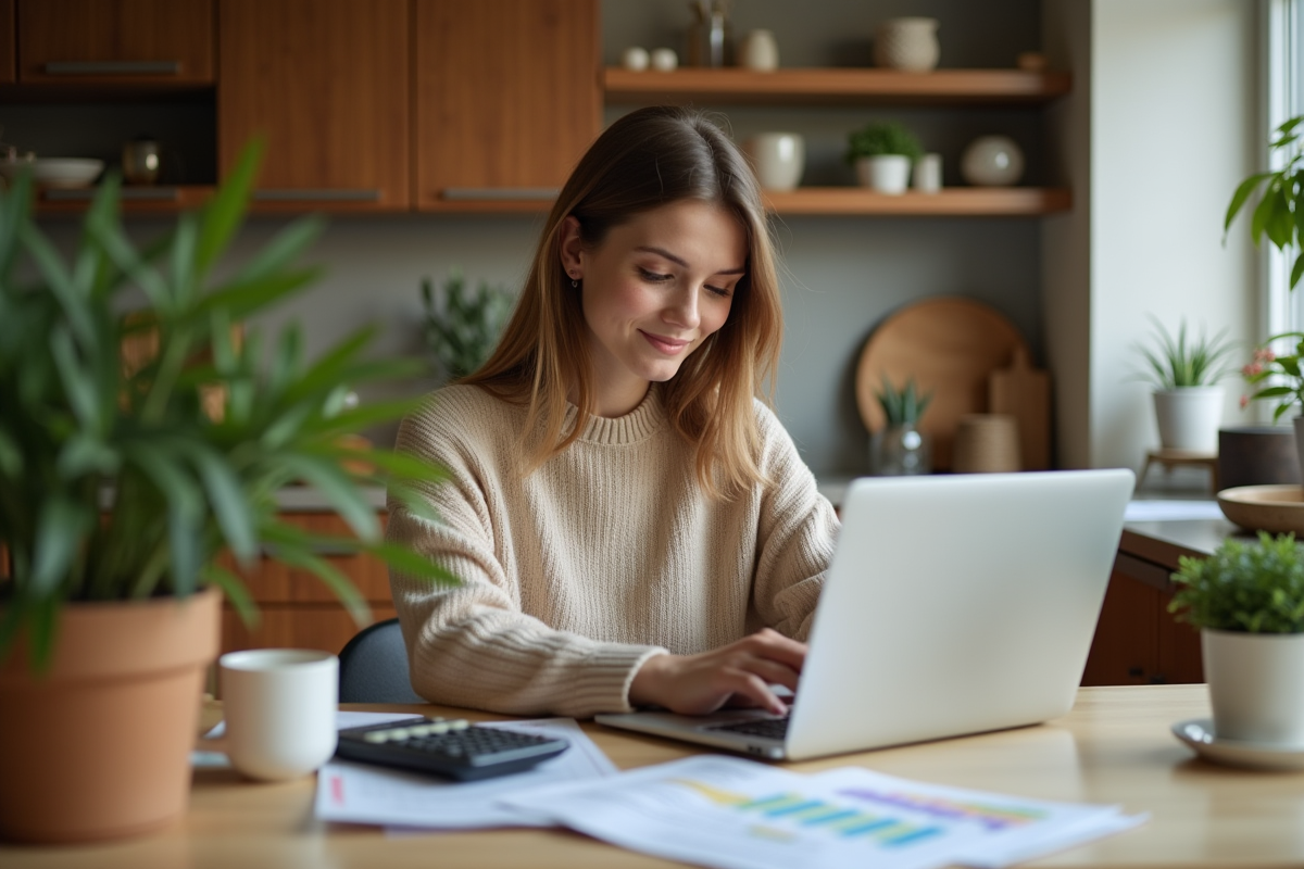 Femme vérifiant un simulateur de prêt à la maison