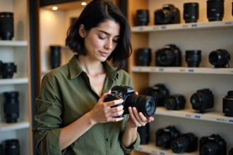 Femme tenant un appareil photo hybride dans un magasin spécialisé photo pour choisir selon son budget