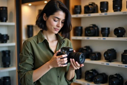 Femme tenant un appareil photo hybride dans un magasin spécialisé photo pour choisir selon son budget