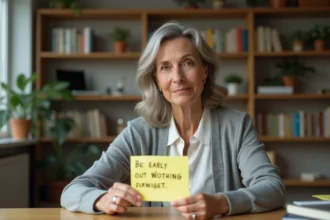Femme réfléchissant à l'impact d'une citation positive écrite à la main, assise dans un bureau à domicile