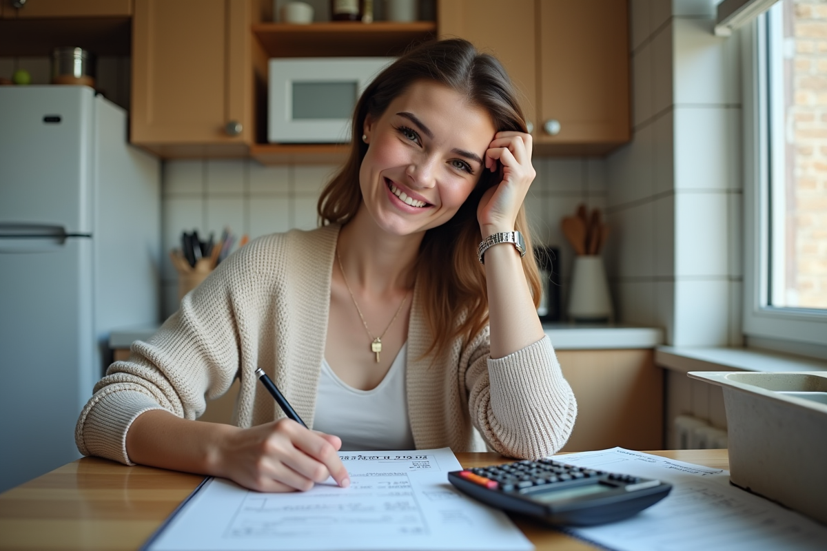 Femme souriante vérifiant des contrats dans la cuisine