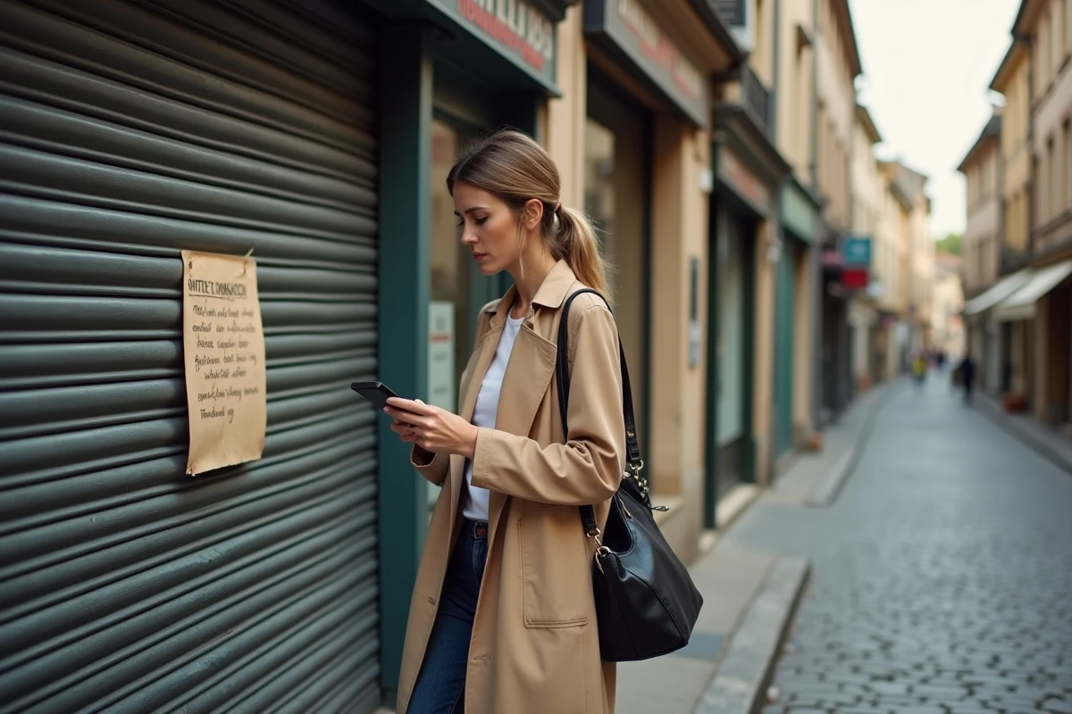 Femme devant un bureau de tabac fermé avec rideau baissé dans une rue commerçante française