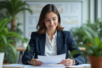 Femme d'affaires en costume navy examine rapport environnemental