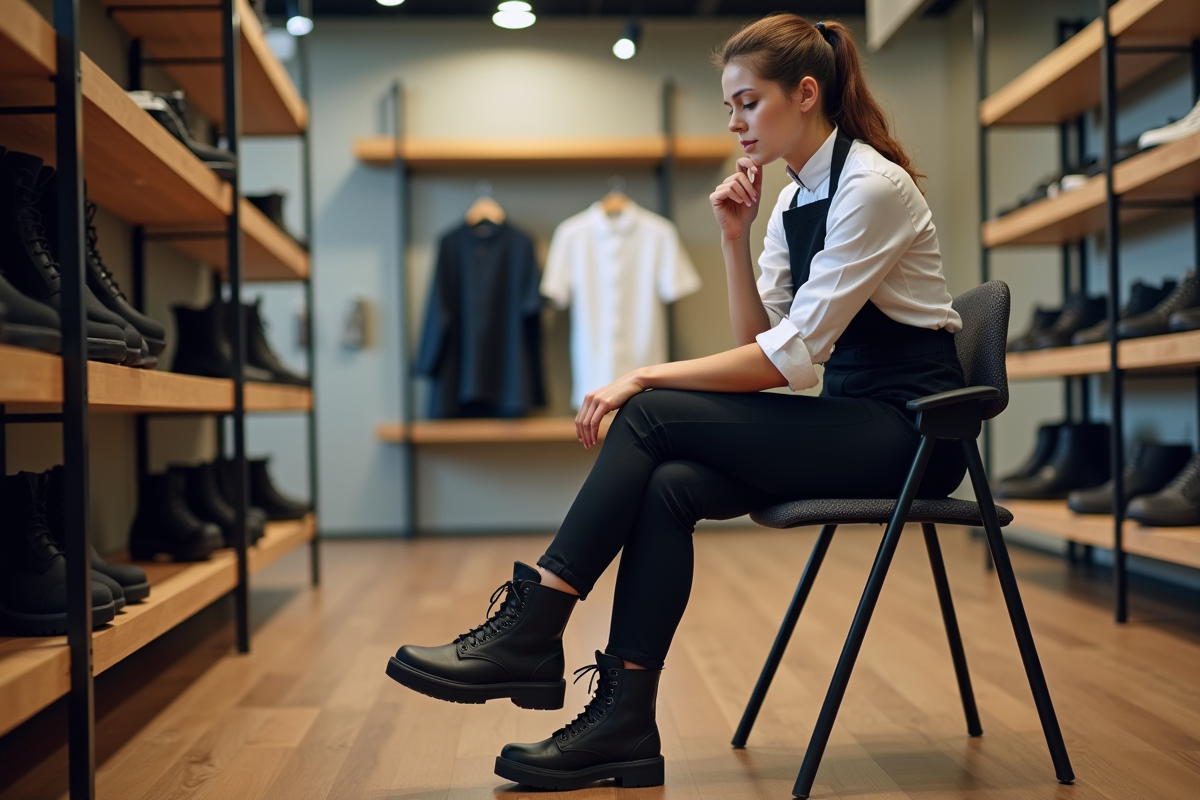 Jeune femme essayant chaussures de sécurité en magasin