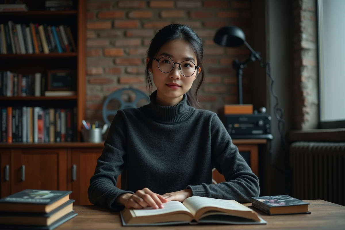 Femme entourée de films et livres sur la guerre du Vietnam dans une salle cinéma à domicile