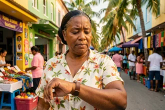 Femme guadeloupéenne regardant sa montre sur un marché coloré de Pointe-à-Pitre
