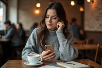 Femme regardant son téléphone affichant 14h41 dans un café, heure miroir et synchronicité
