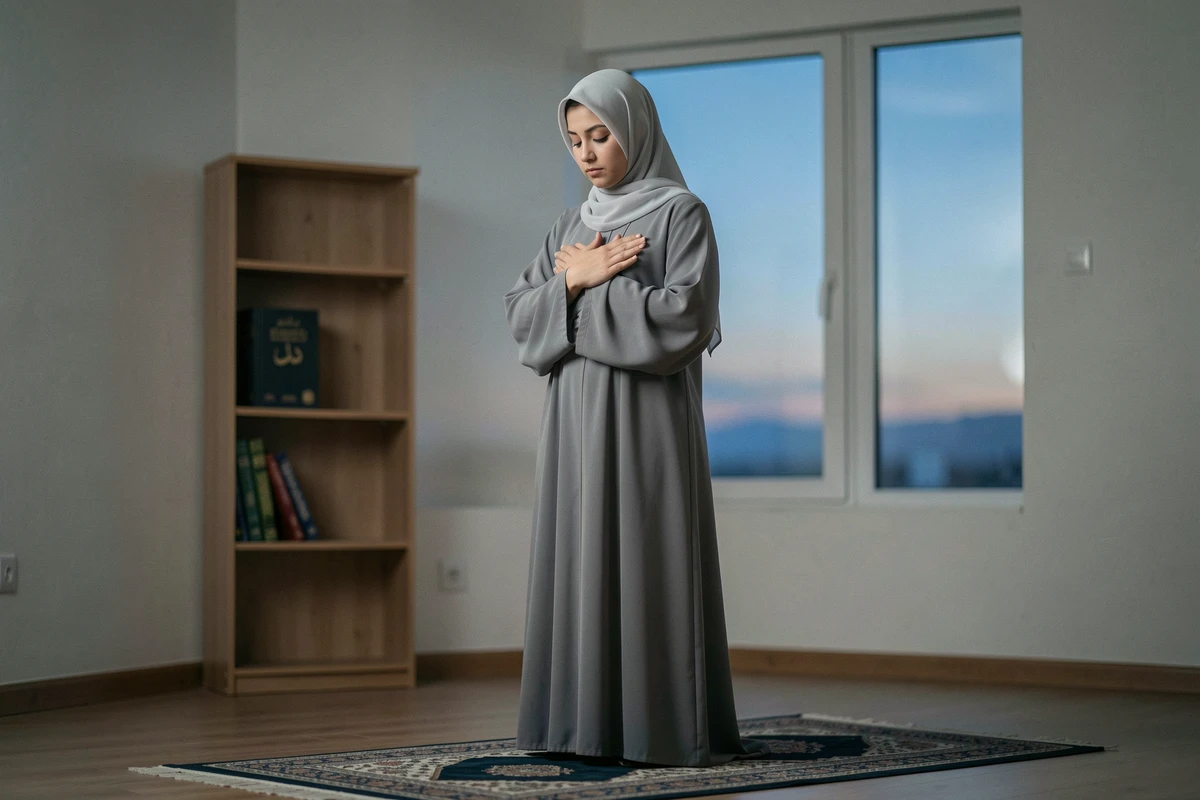 Femme en hijab gris debout sur un tapis de prière en position de qiyam lors de la prière du Fajr à l'aube